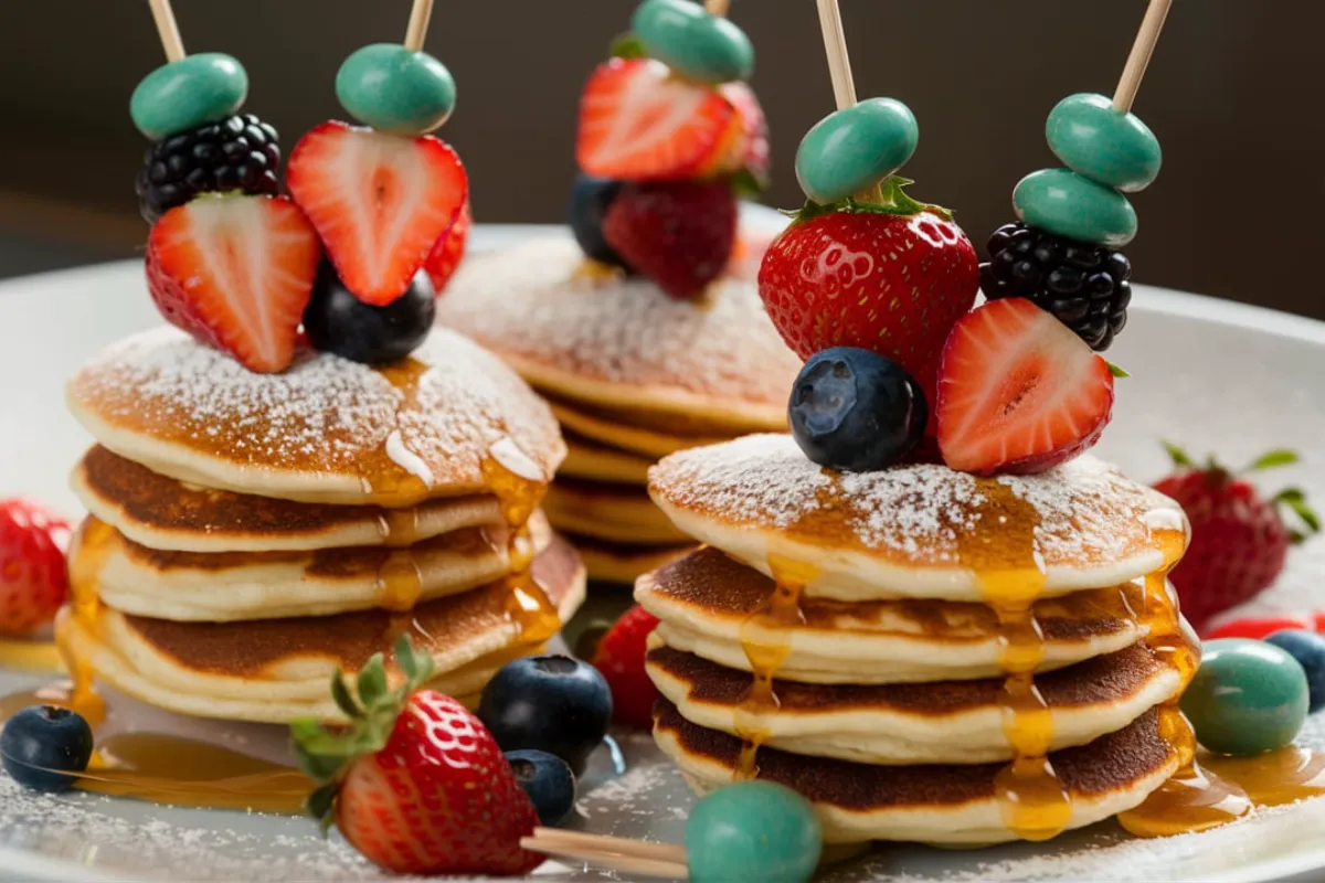 A breakfast board featuring mini pancakes alongside fruit, syrup, whipped cream, and savory items for a delicious brunch spread.