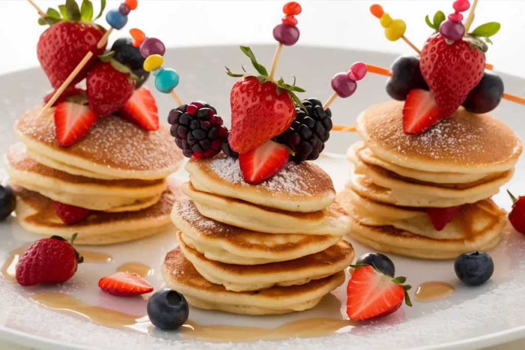 Mini pancakes with syrup and berries.