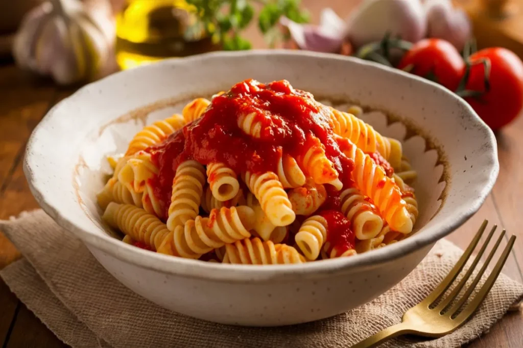 Spiral-shaped cavatappi pasta holding creamy sauce