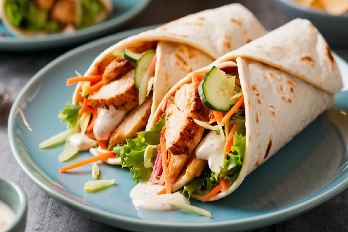 Buffalo chicken wrap filled with chicken, lettuce, and cheese.