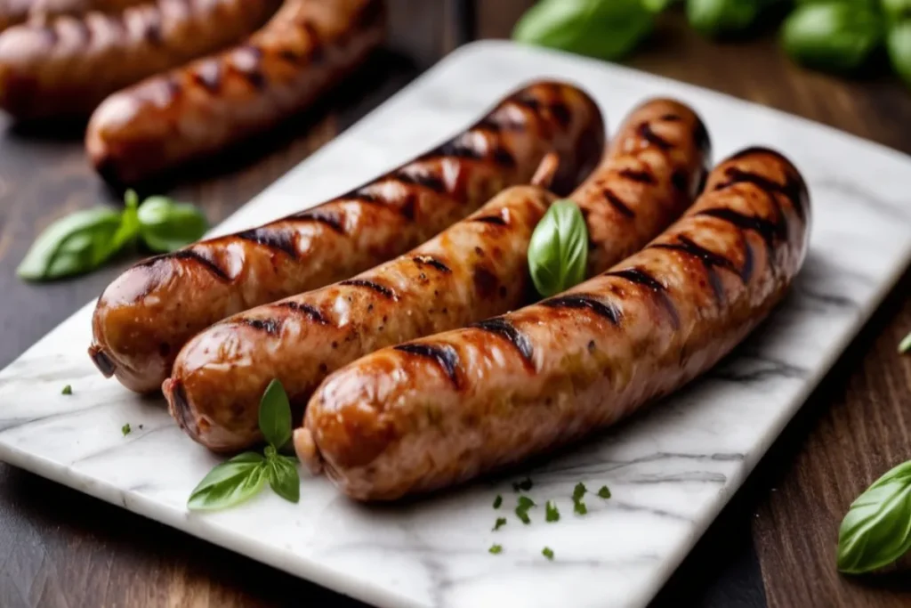 Grilled chicken sausage served on a wooden board with vegetables and herbs