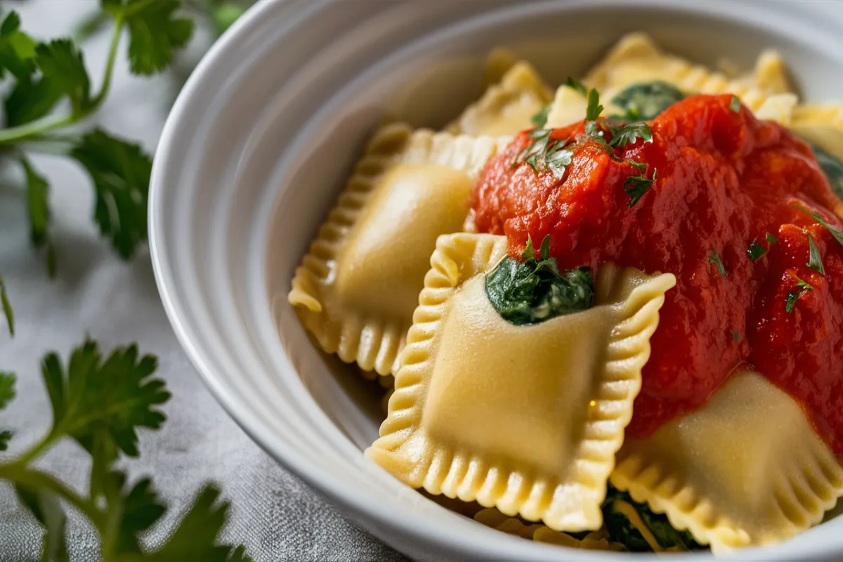 A plate of lobster ravioli topped with a rich sauce and garnished with fresh herbs.