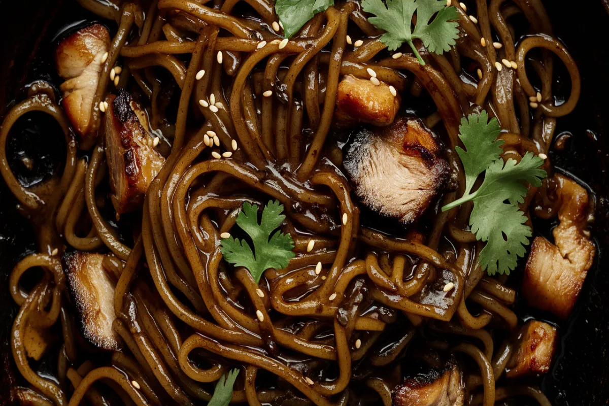 Black bean noodles with side dishes like kimchi, pickled radish, and grilled meats