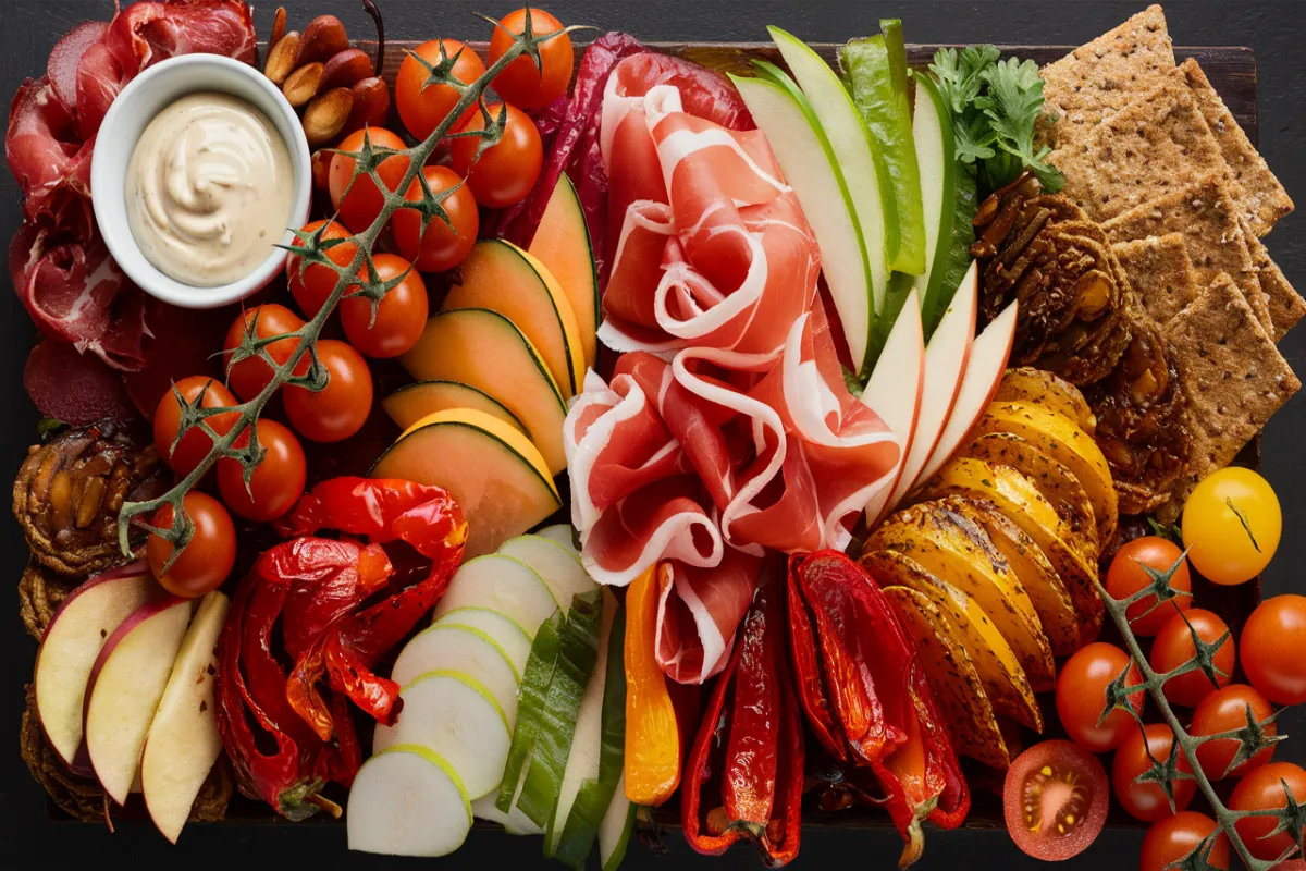 Assorted foods paired with Boursin Cheese on a wooden board.