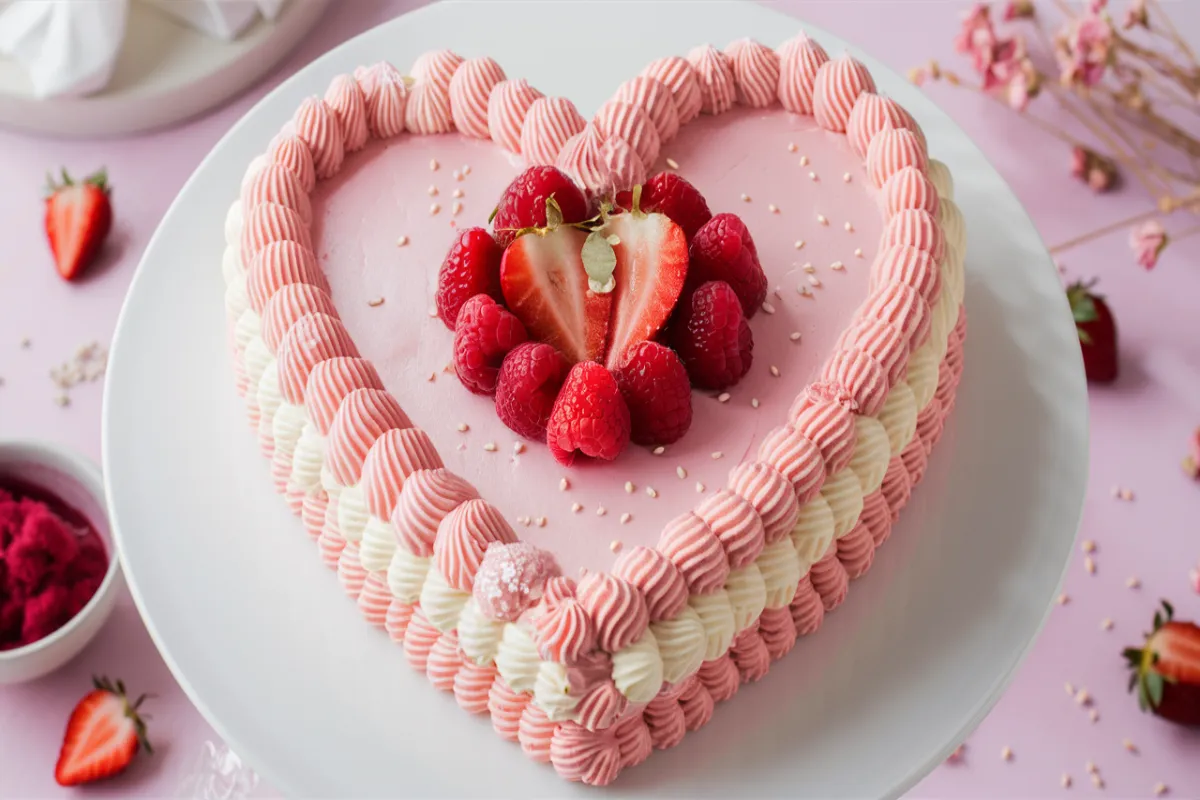 Heart-shaped cake being shaped with round and square cake pans.