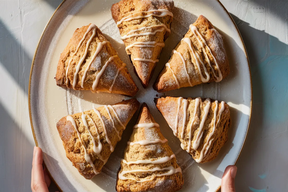 Freshly baked pumpkin scones drizzled with a spiced glaze