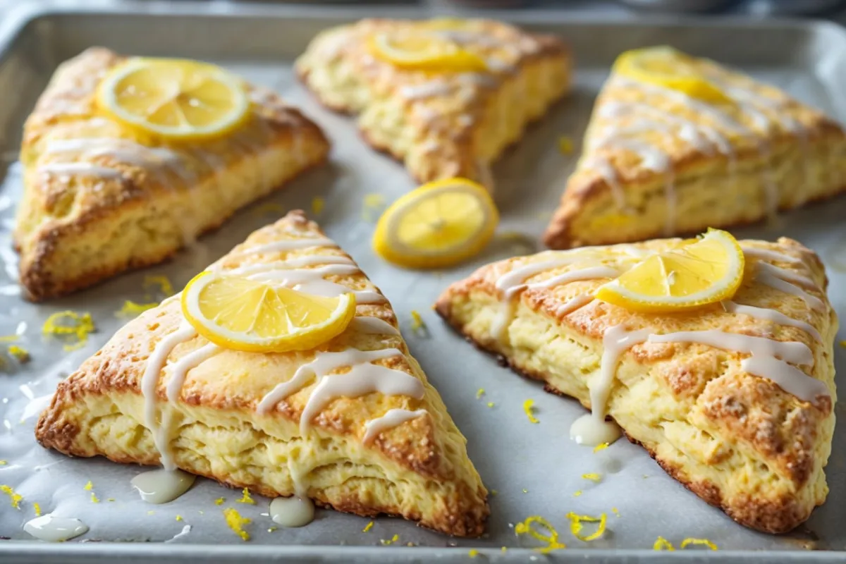 Freshly baked lemon scones with a golden crust, drizzled with lemon glaze