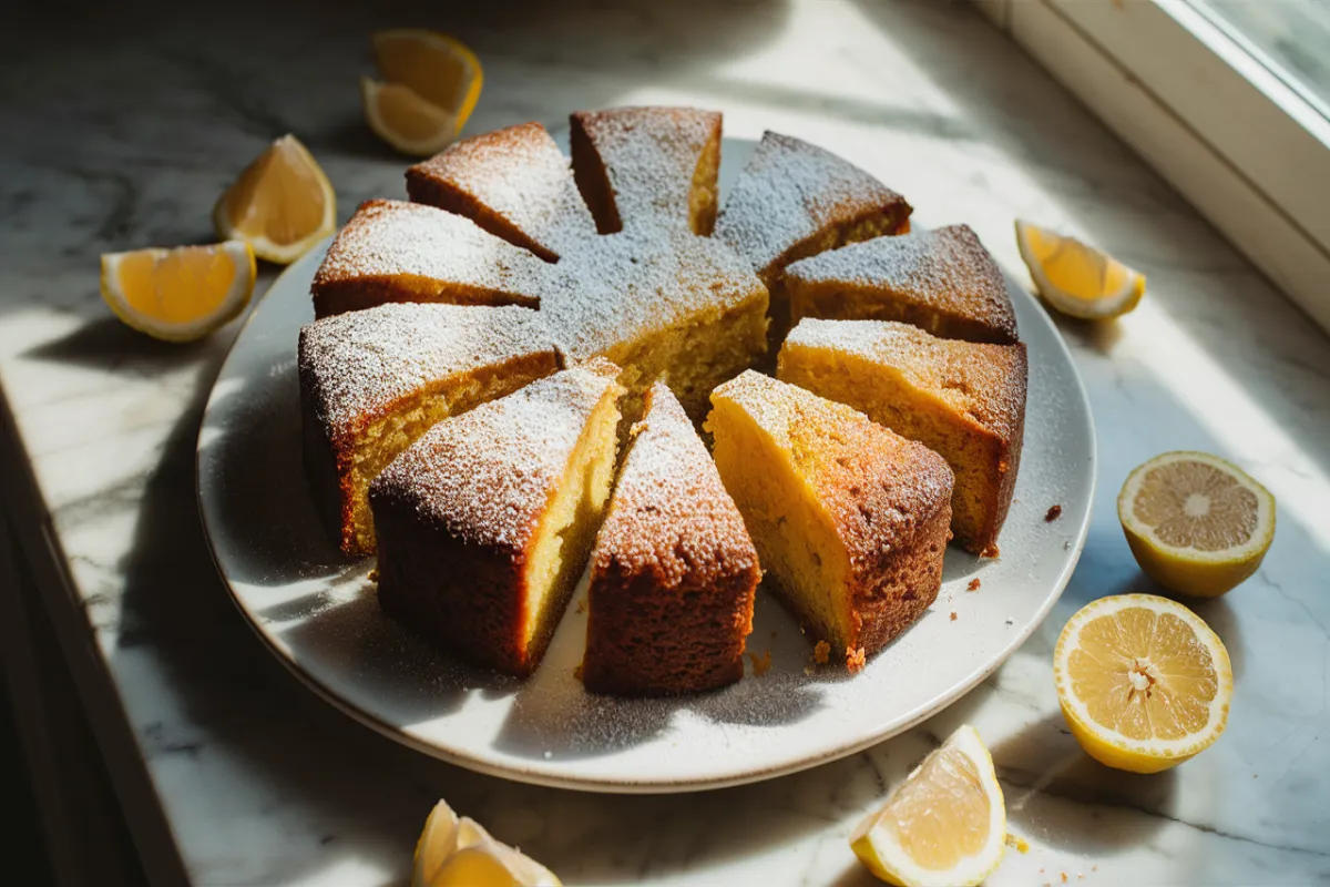 A slice of lemon ricotta cake with fresh berries and powdered sugar.