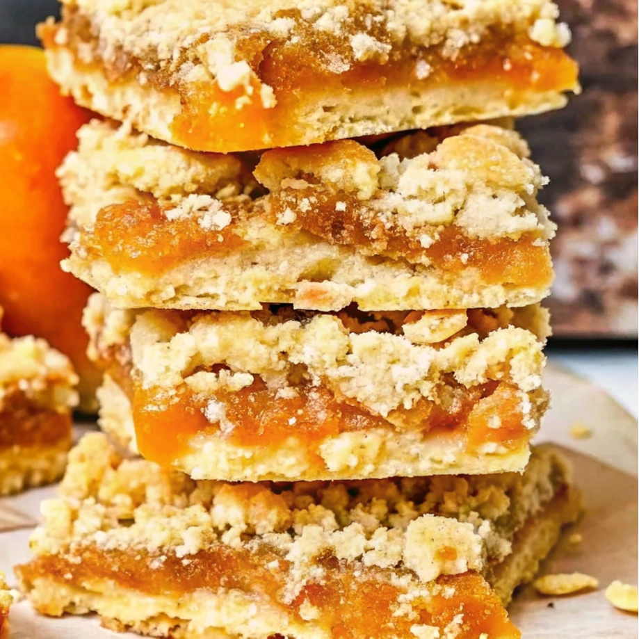 Gluten-free and dairy-free Apricot Crumble Bars cut into squares on a white serving plate, showing layers of golden crumble and vibrant orange apricot filling