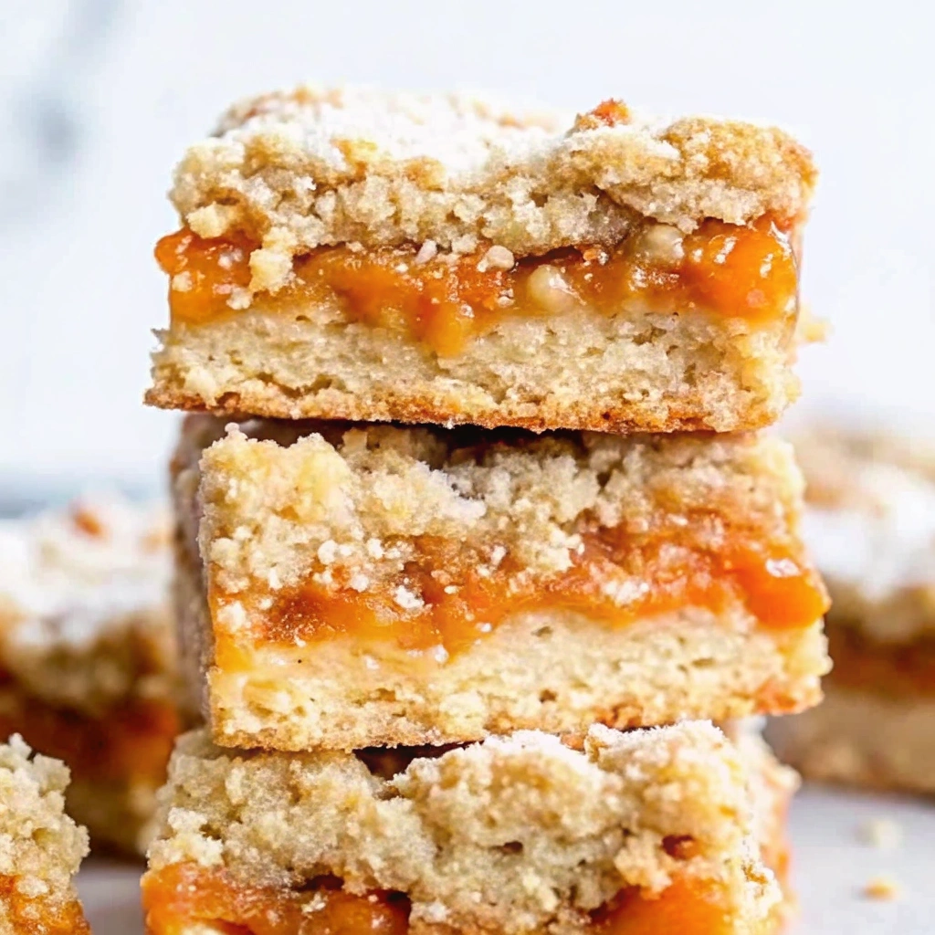Homemade Apricot Oatmeal Crumble Bars with golden brown topping and vibrant orange apricot filling on a white plate