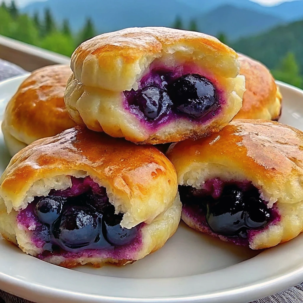 Golden-brown blueberry pie bombs on a white plate, with juicy blueberry filling oozing out of the flaky biscuit dough