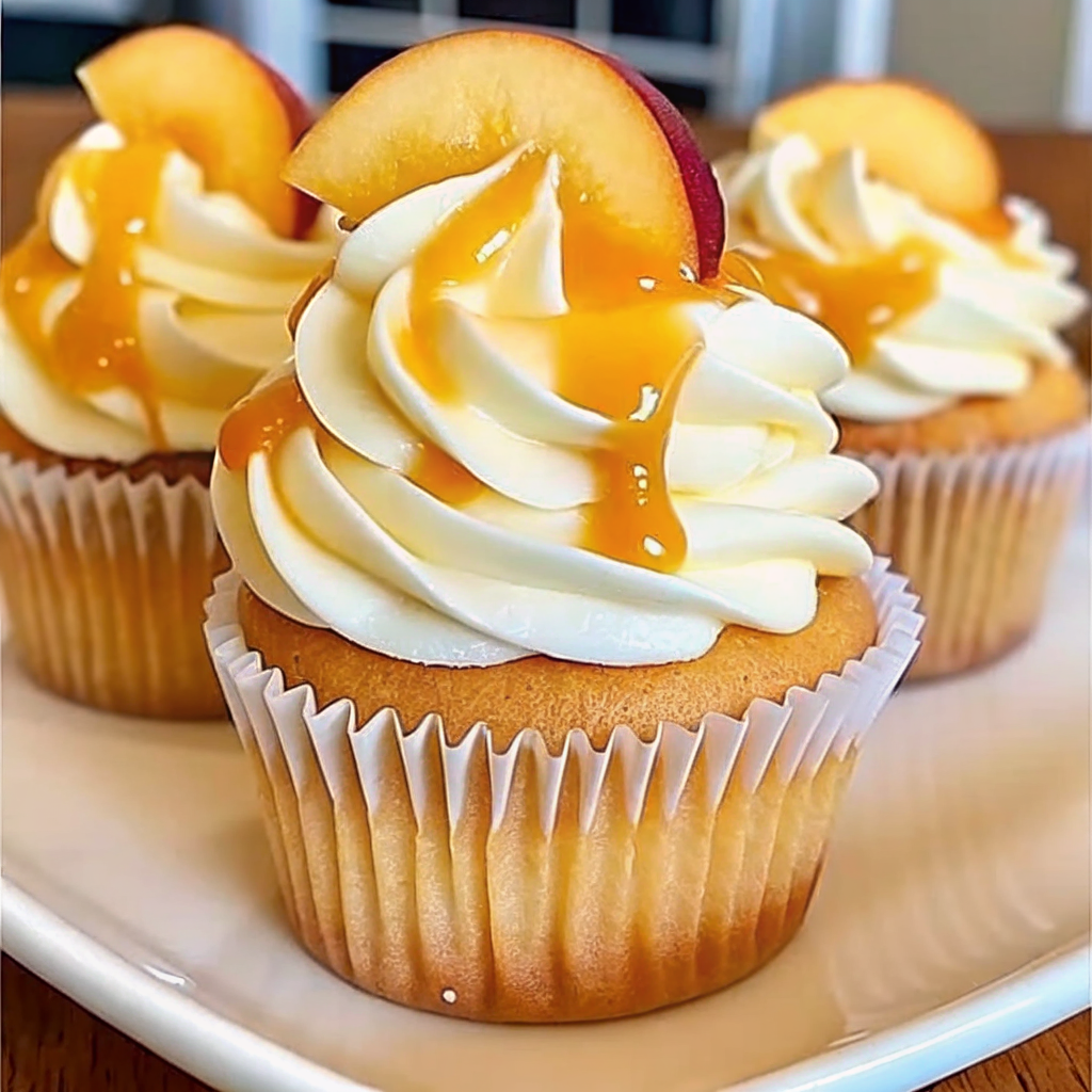 Homemade honey peach cream cheese cupcakes topped with fresh peach slices and drizzled honey on a rustic wooden table