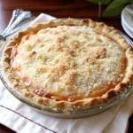 Homemade Peach Custard Pie with golden streusel topping, showing juicy peach slices in a creamy vanilla custard base
