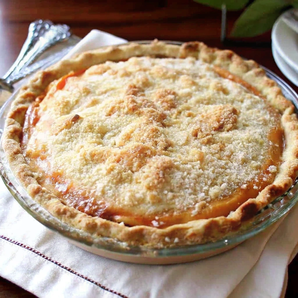 Homemade Peach Custard Pie with golden streusel topping, showing juicy peach slices in a creamy vanilla custard base