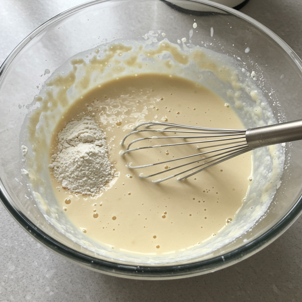 Mixing bowl with flour, sugar, baking powder, and salt being whisked together, then combined with milk and vanilla to form a thin, smooth batter