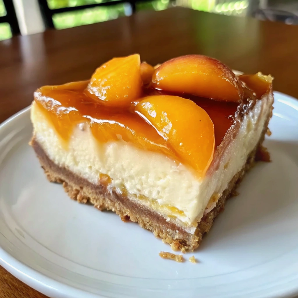 A slice of peach cobbler cheesecake on a white plate with a drizzle of caramel sauce and a fresh peach slice garnish