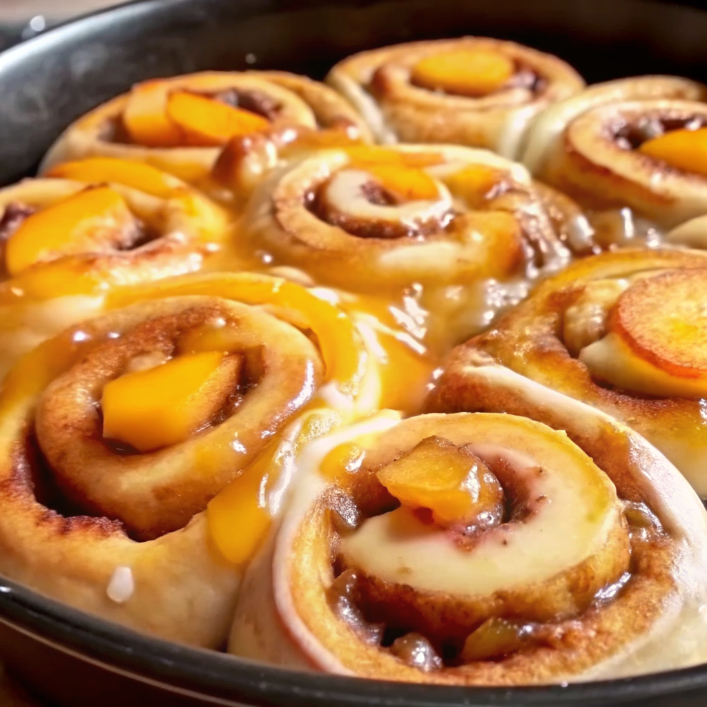 Peach Cobbler Cinnamon Rolls with crumb topping and cream cheese frosting, showing juicy peach filling swirled throughout each roll
