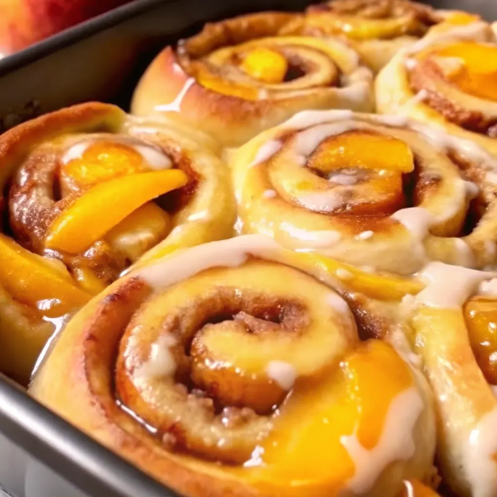 Peach Cobbler Cinnamon Rolls with crumb topping and cream cheese frosting, showing juicy peach filling swirled throughout each roll