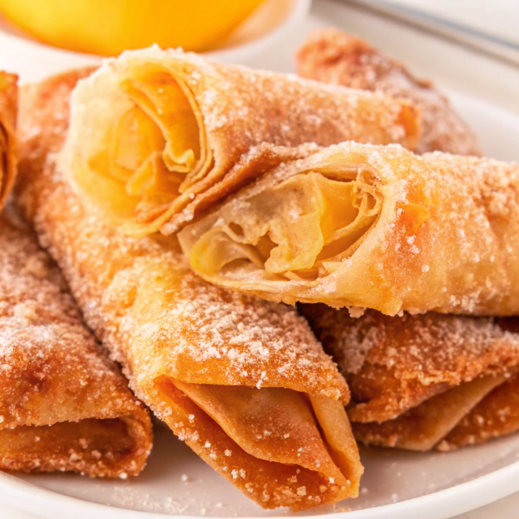 Crispy golden-brown peach cobbler egg rolls dusted with cinnamon sugar and drizzled with vanilla glaze on a white serving plate