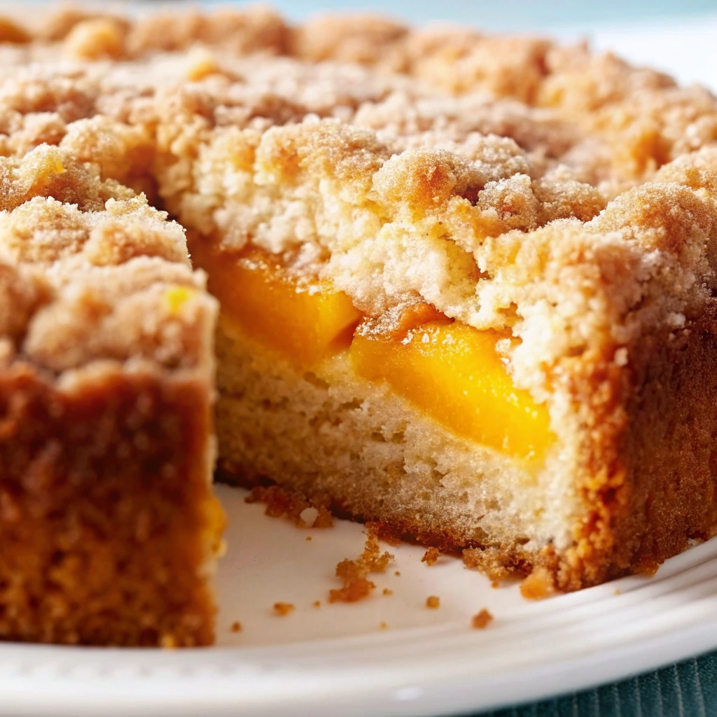 A golden slice of Southern Peach Crumb Cake topped with buttery brown sugar crumble and juicy peach slices