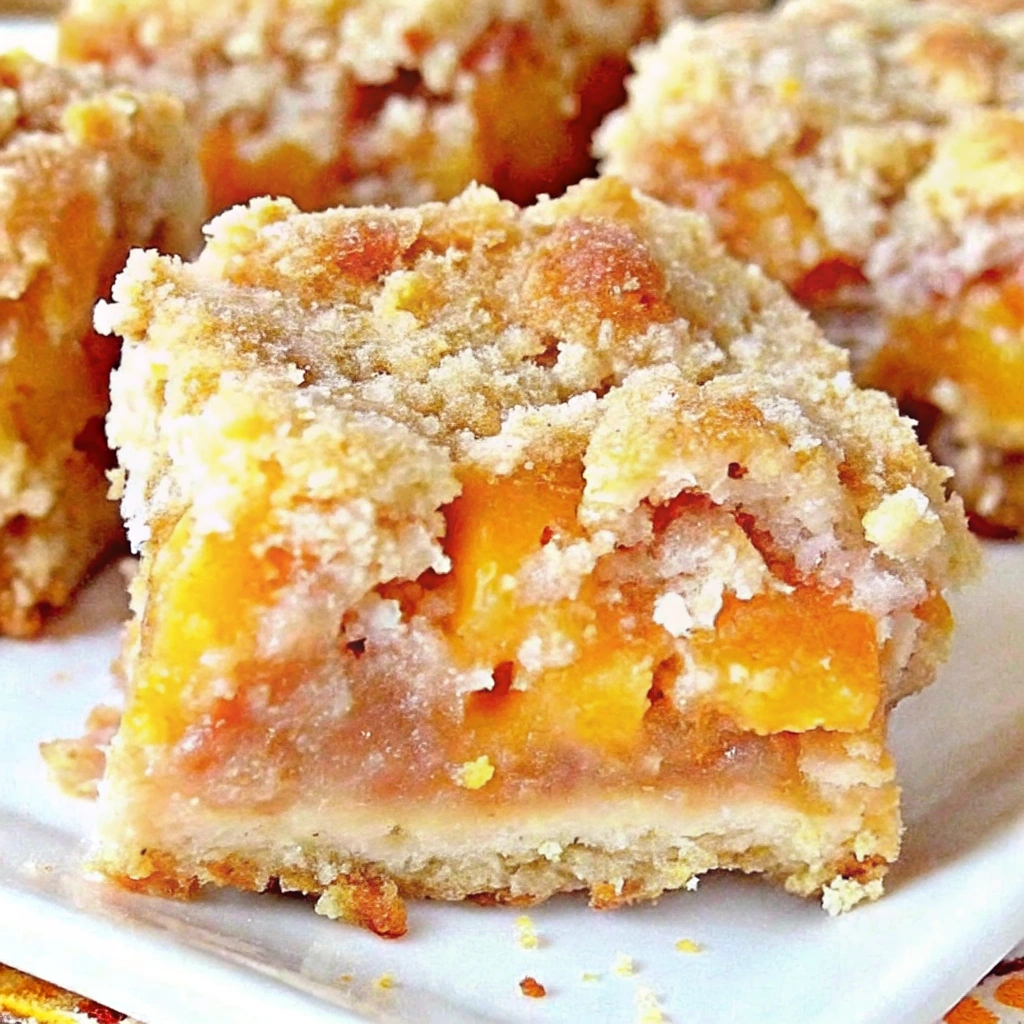 Golden-brown peach crumb bars cut into squares on a white plate, showing layers of buttery crust, juicy peach filling, and crumbly topping