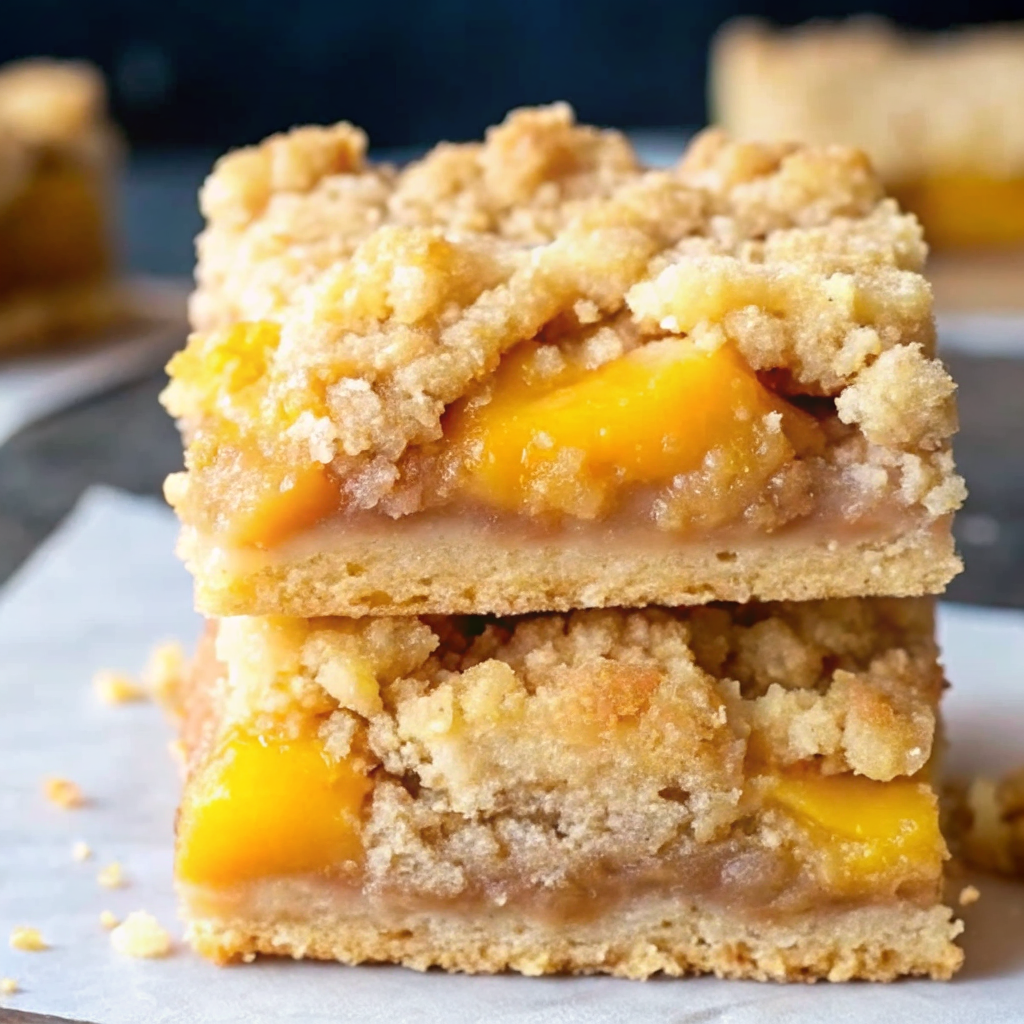 Golden-brown peach crumb bars cut into squares on a white plate, showing layers of buttery crust, juicy peach filling, and crumbly topping