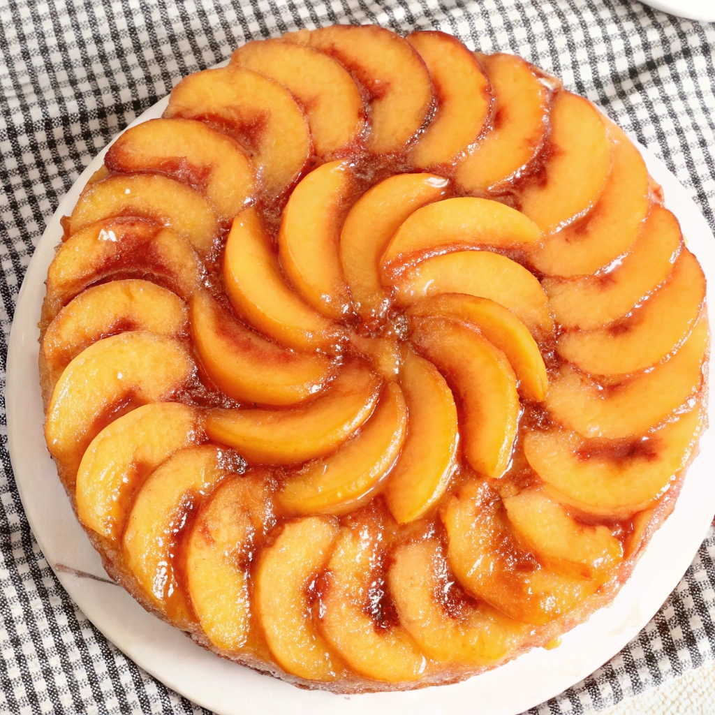 Homemade peach upside down cake with caramelized peach slices arranged in a circular pattern on top of a moist golden cake