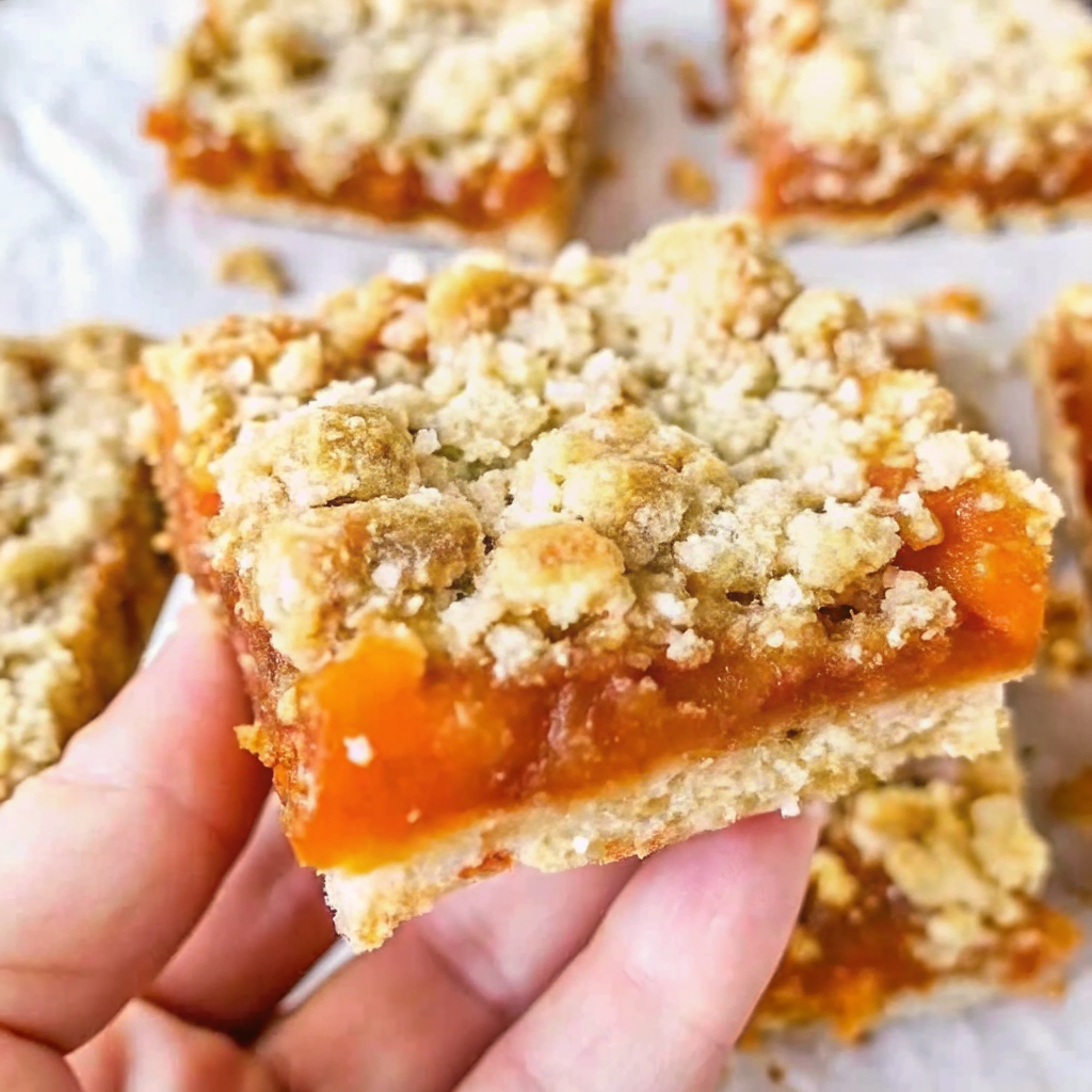 Gluten-free and dairy-free Apricot Crumble Bars cut into squares on a white serving plate, showing layers of golden crumble and vibrant orange apricot filling
