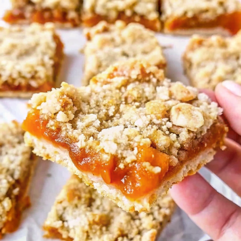 Gluten-free and dairy-free Apricot Crumble Bars cut into squares on a white serving plate, showing layers of golden crumble and vibrant orange apricot filling