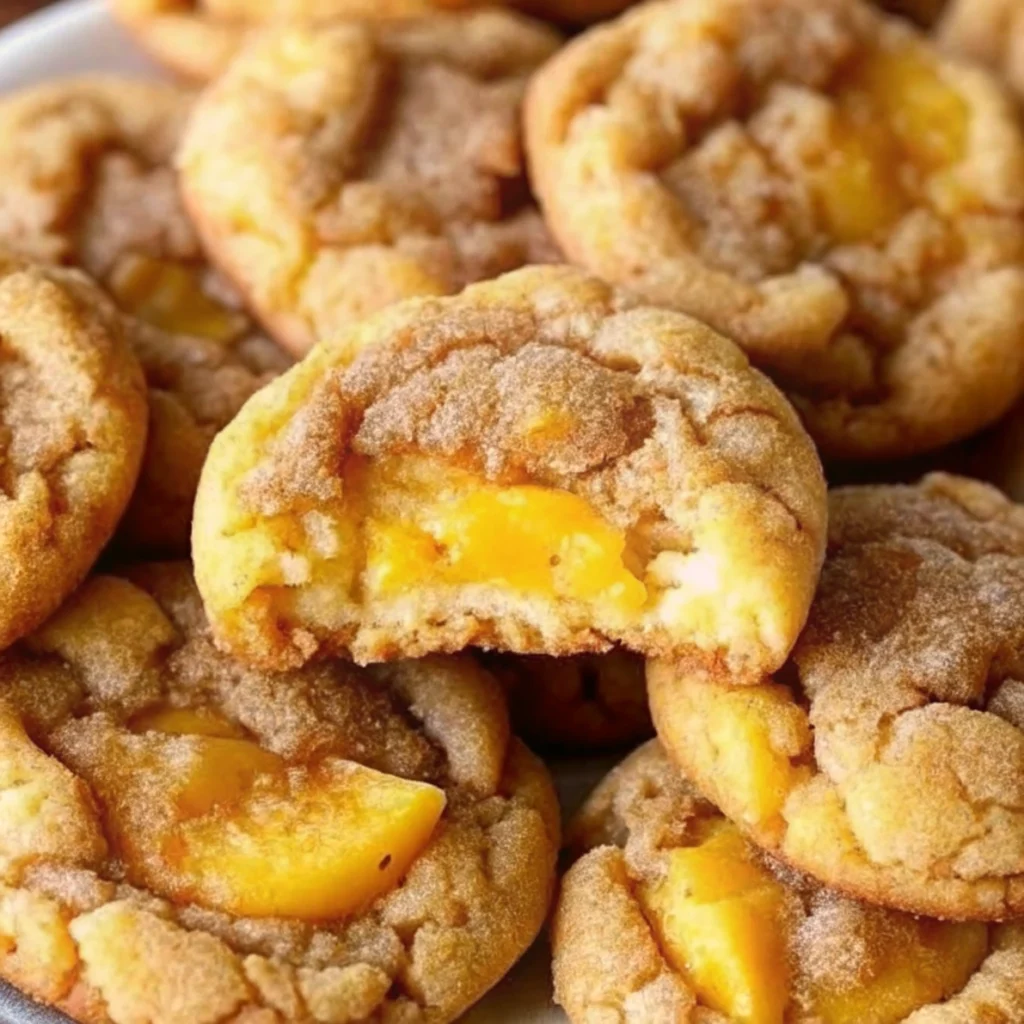 Soft and chewy cinnamon-sugar cookies filled with homemade peach cobbler filling and topped with buttery crumble and sweet glaze
