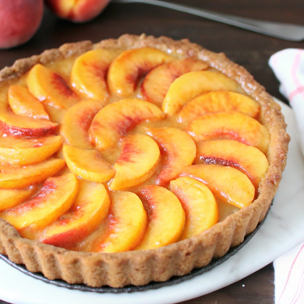 Golden brown peach tart recipe with overlapping peach slices arranged in concentric circles, topped with crumbly butter mixture, served on white plate with dollop of whipped cream