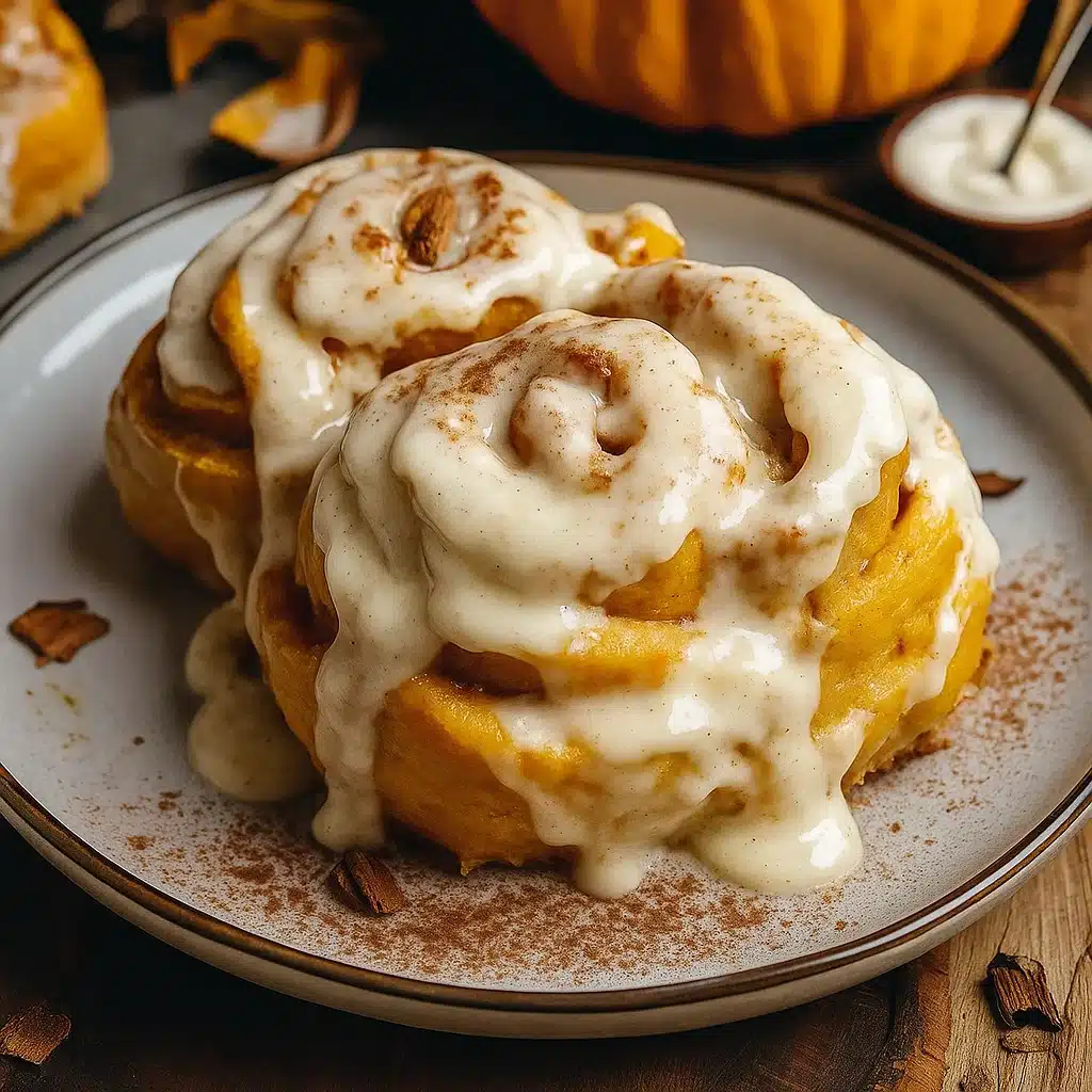 Golden brown pumpkin butter cinnamon rolls in a baking dish, covered with creamy maple cream cheese glaze, photographed from above on a rustic wooden surface with fall leaves and a cup of coffee in the background.