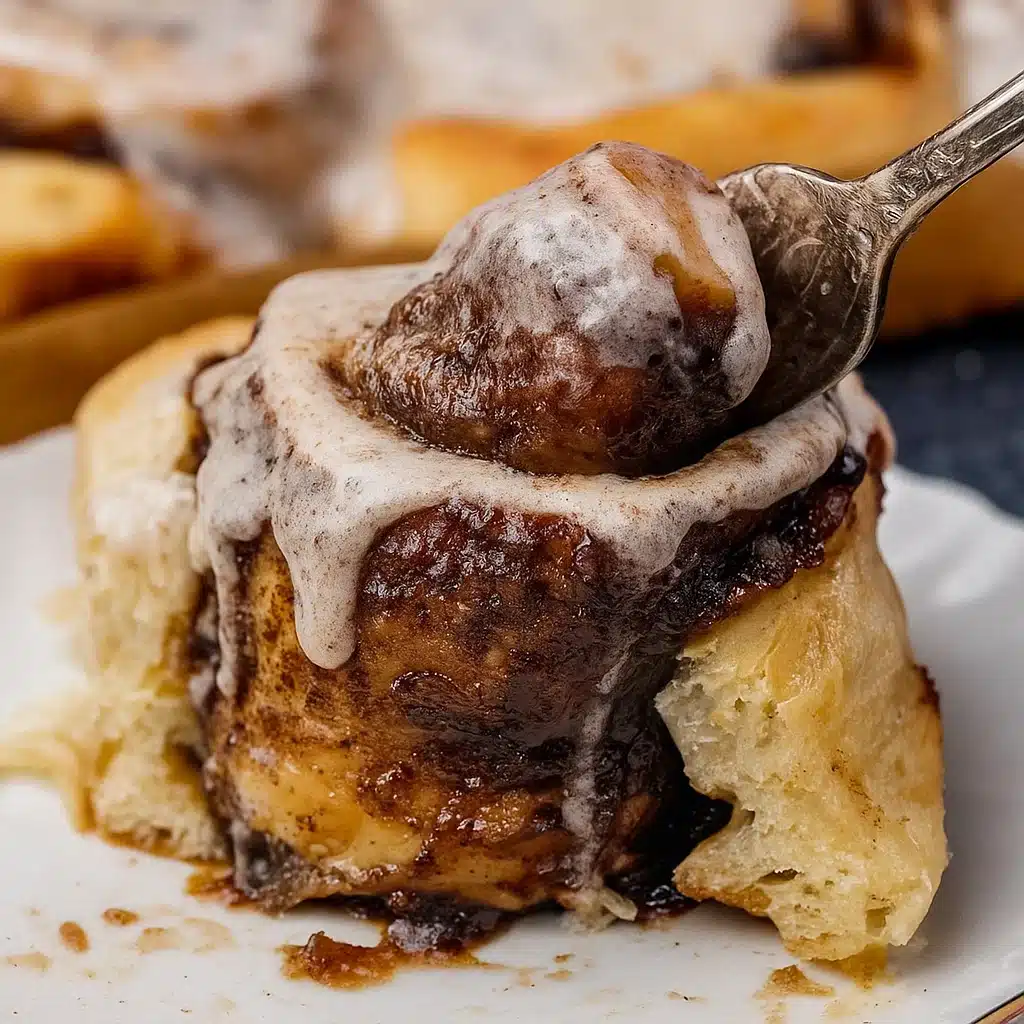 Golden brown pumpkin butter cinnamon rolls in a baking dish, covered with creamy maple cream cheese glaze, photographed from above on a rustic wooden surface with fall leaves and a cup of coffee in the background.