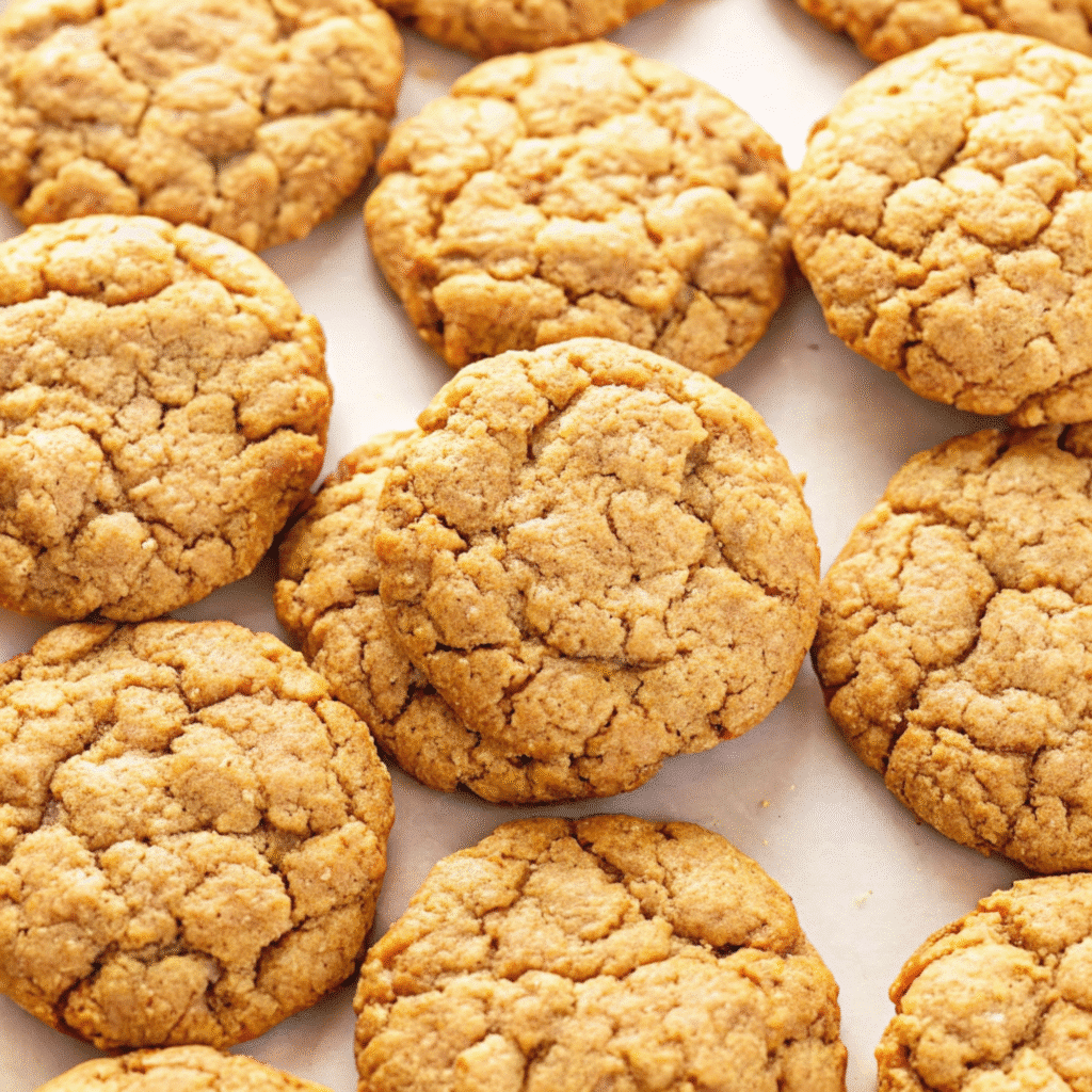 Golden brown soft pumpkin oatmeal cookies arranged on a white plate with scattered oats and a small pumpkin in the background