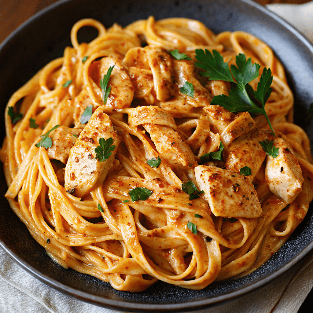 Close-up photo of creamy cowboy butter chicken linguine in a white bowl, showing golden-brown chicken pieces coated in herb-flecked butter sauce tossed with linguine pasta, garnished with fresh parsley and grated Parmesan cheese
