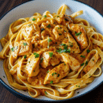 Close-up photo of creamy cowboy butter chicken linguine in a white bowl, showing golden-brown chicken pieces coated in herb-flecked butter sauce tossed with linguine pasta, garnished with fresh parsley and grated Parmesan cheese
