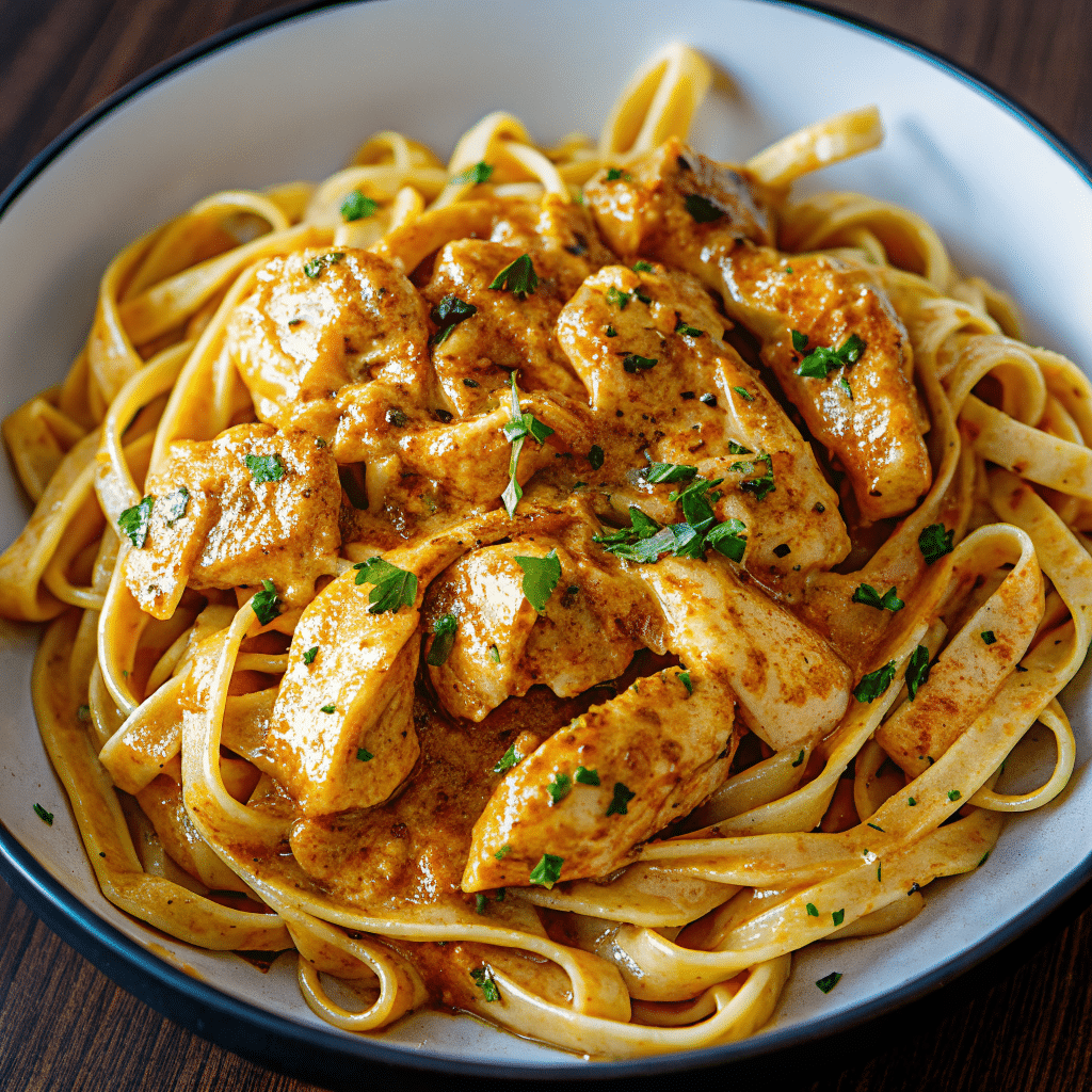 Close-up photo of creamy cowboy butter chicken linguine in a white bowl, showing golden-brown chicken pieces coated in herb-flecked butter sauce tossed with linguine pasta, garnished with fresh parsley and grated Parmesan cheese