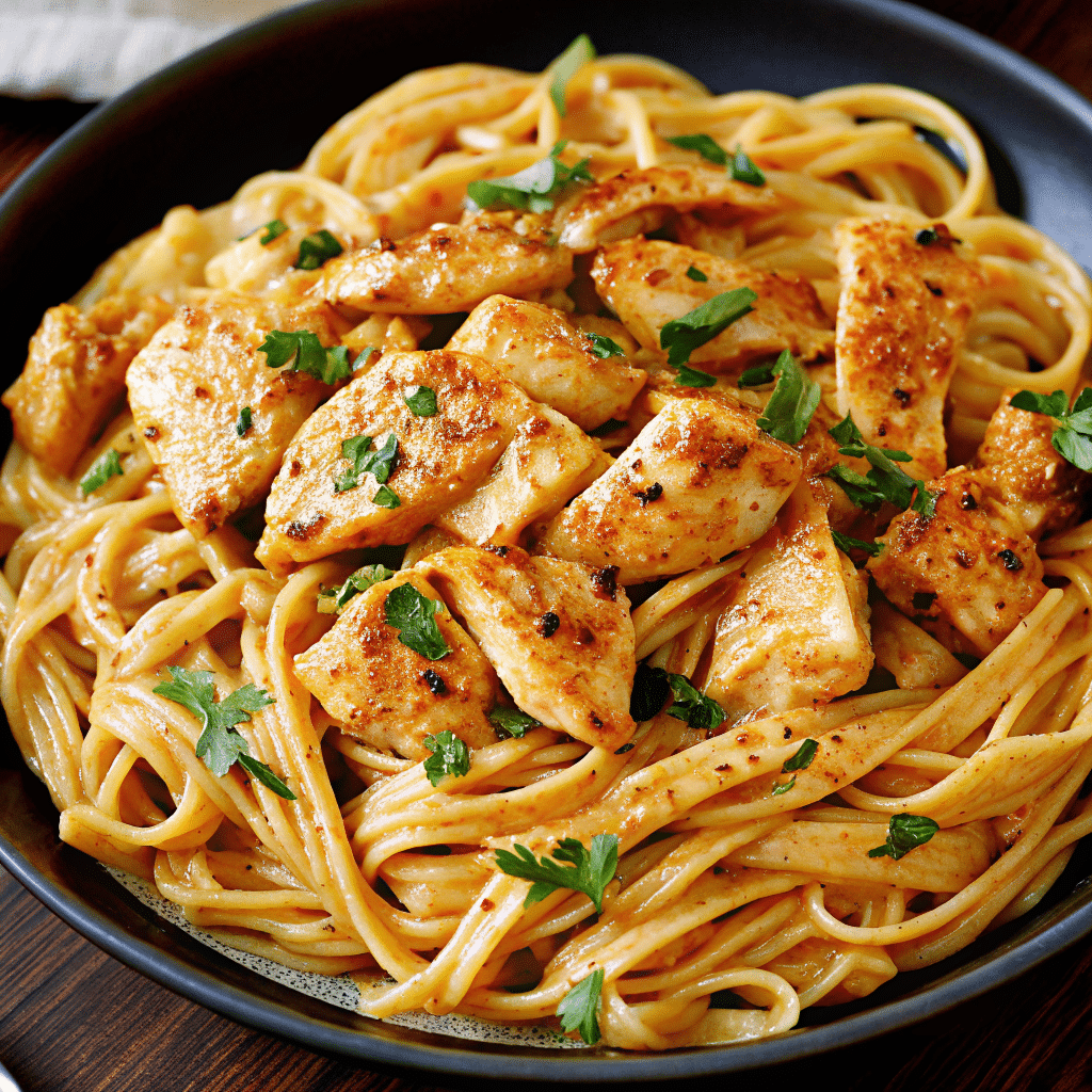 Close-up photo of creamy cowboy butter chicken linguine in a white bowl, showing golden-brown chicken pieces coated in herb-flecked butter sauce tossed with linguine pasta, garnished with fresh parsley and grated Parmesan cheese