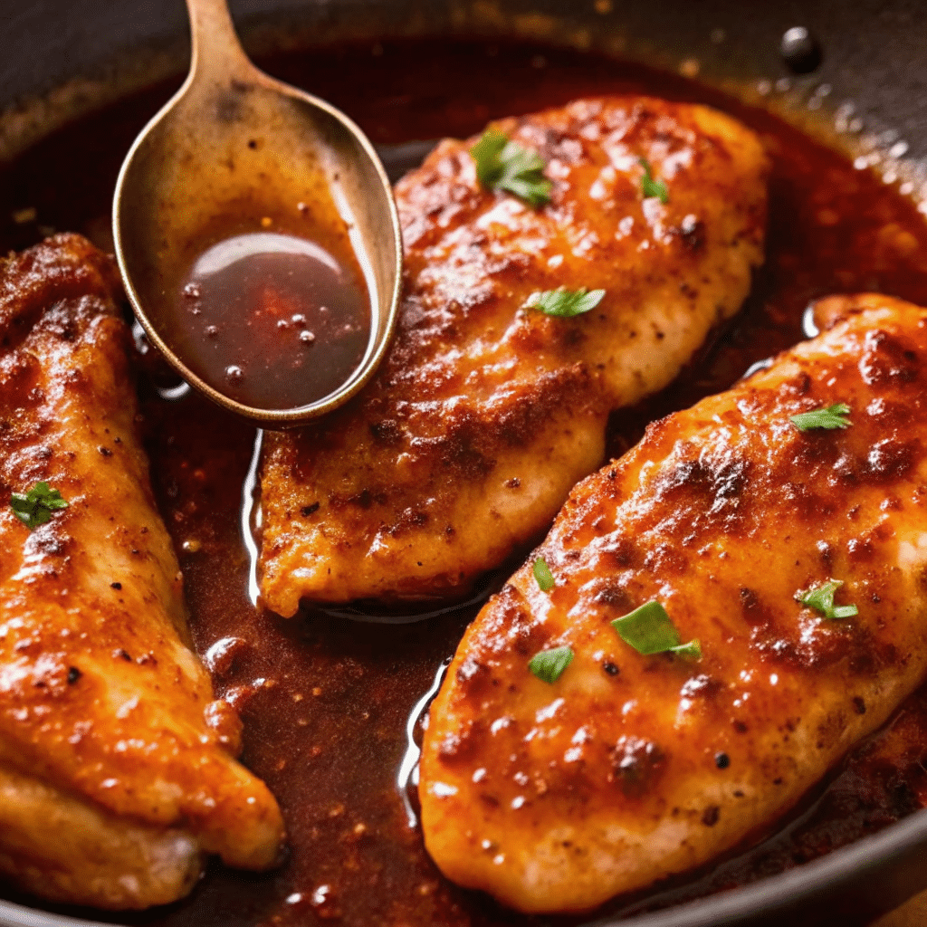 Golden honey garlic chicken breasts in a skillet with glossy caramelized sauce