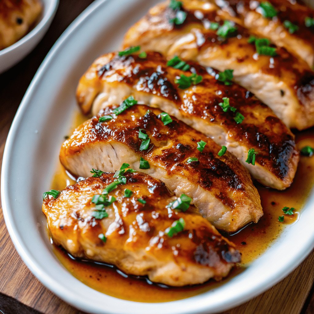 Golden honey garlic chicken breasts in a skillet with glossy caramelized sauce