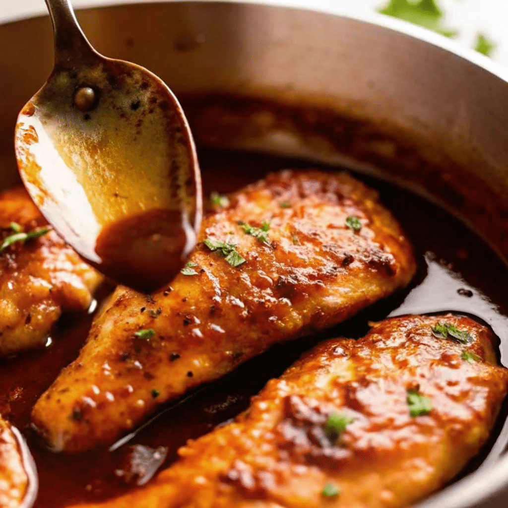 Golden honey garlic chicken breasts in a skillet with glossy caramelized sauce