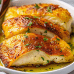 Golden brown melt in your mouth chicken breast with crispy parmesan mayo topping on white plate