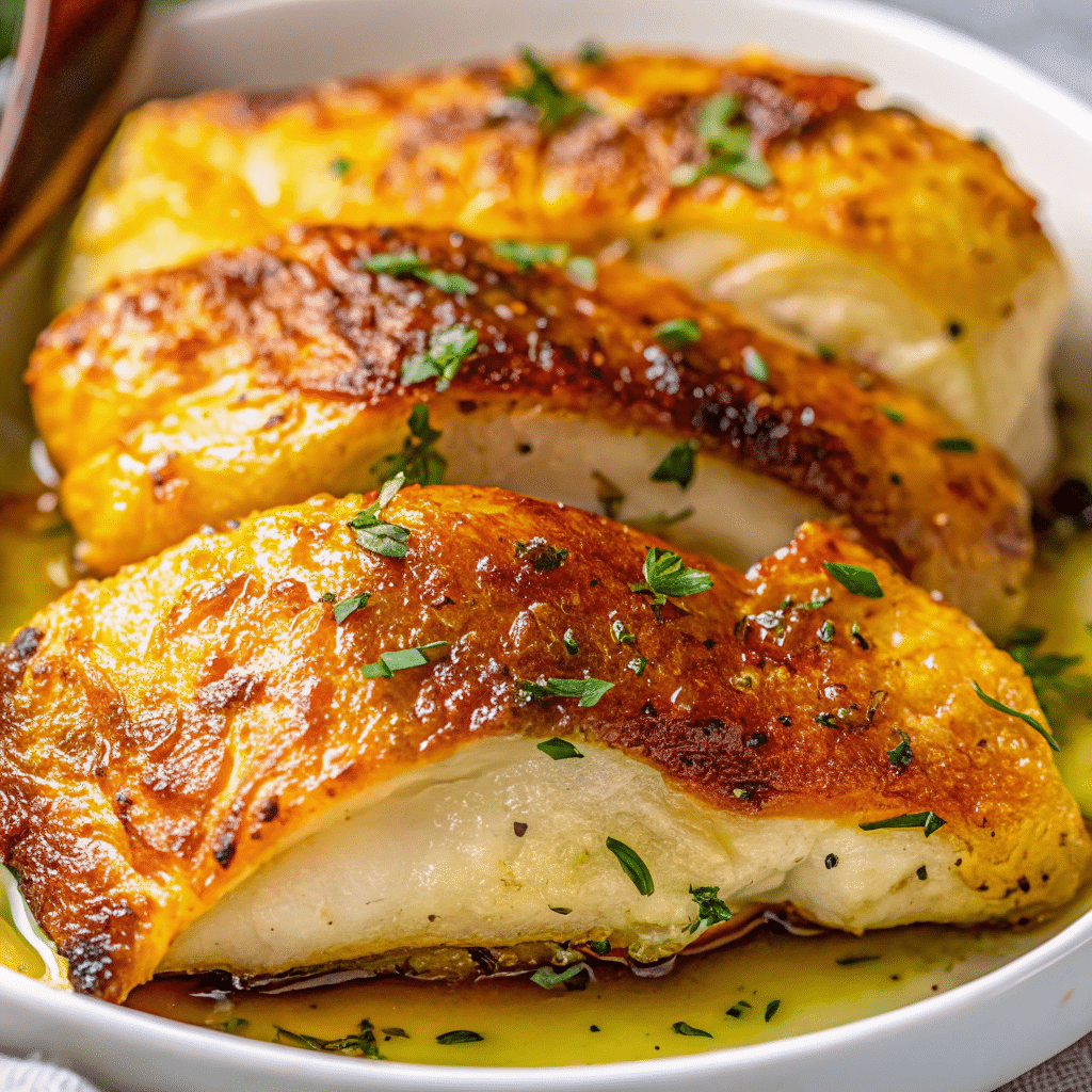 Golden brown melt in your mouth chicken breast with crispy parmesan mayo topping on white plate