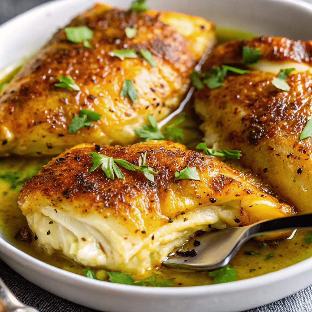 Golden brown melt in your mouth chicken breast with crispy parmesan mayo topping on white plate