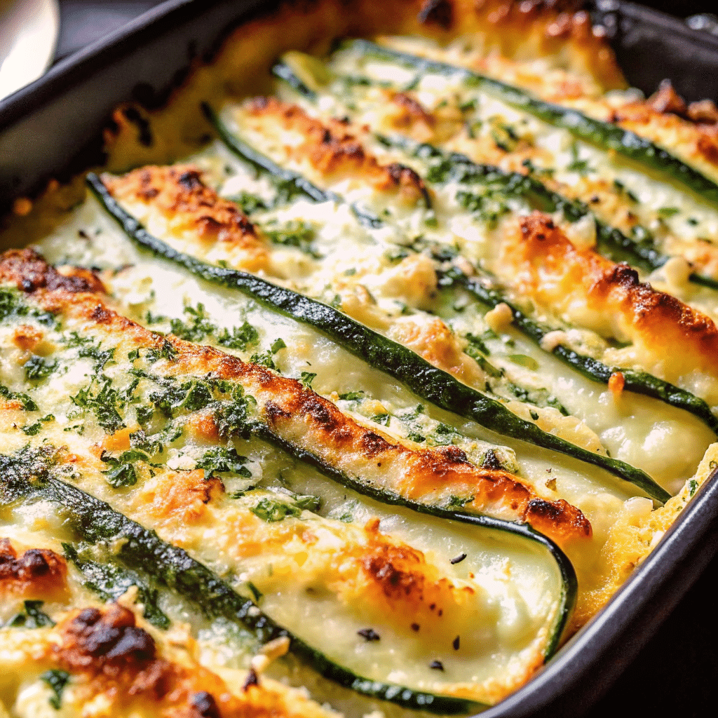 Golden brown Creamy Parmesan Baked Zucchini creamy Parmesan cheese mixture, baked to perfection in a white baking dish