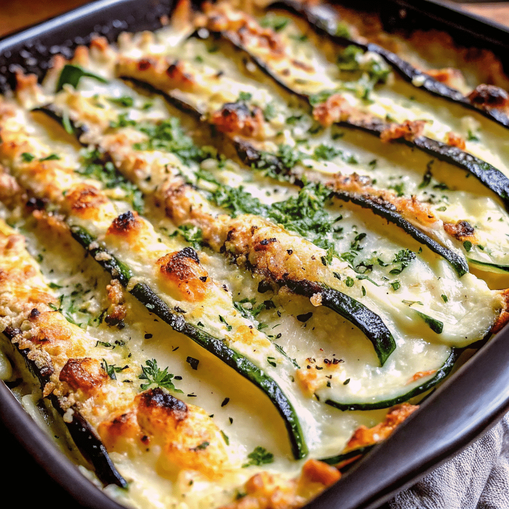 Golden brown Creamy Parmesan Baked Zucchini creamy Parmesan cheese mixture, baked to perfection in a white baking dish
