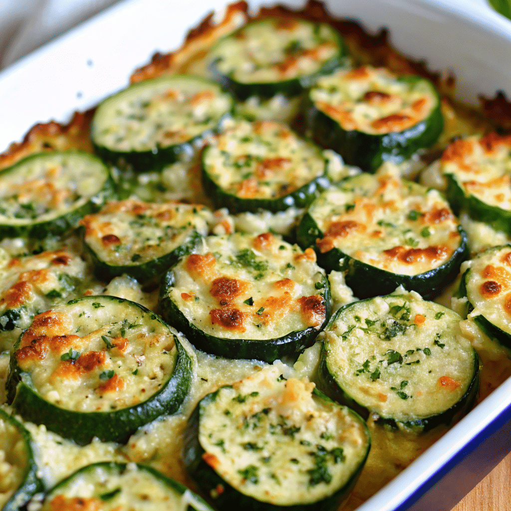 Golden brown Creamy Parmesan Baked Zucchini creamy Parmesan cheese mixture, baked to perfection in a white baking dish