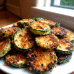 Golden brown crispy parmesan zucchini rounds on white plate with marinara sauce for dipping" Caption: "Perfectly crispy Parmesan zucchini that's golden, crunchy, and absolutely irresistible