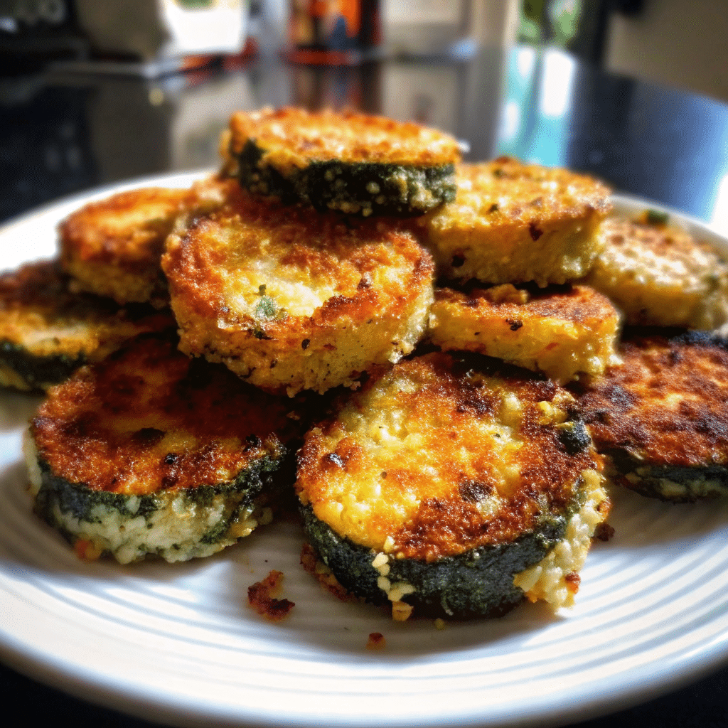 Golden brown crispy parmesan zucchini rounds on white plate with marinara sauce for dipping" Caption: "Perfectly crispy Parmesan zucchini that's golden, crunchy, and absolutely irresistible