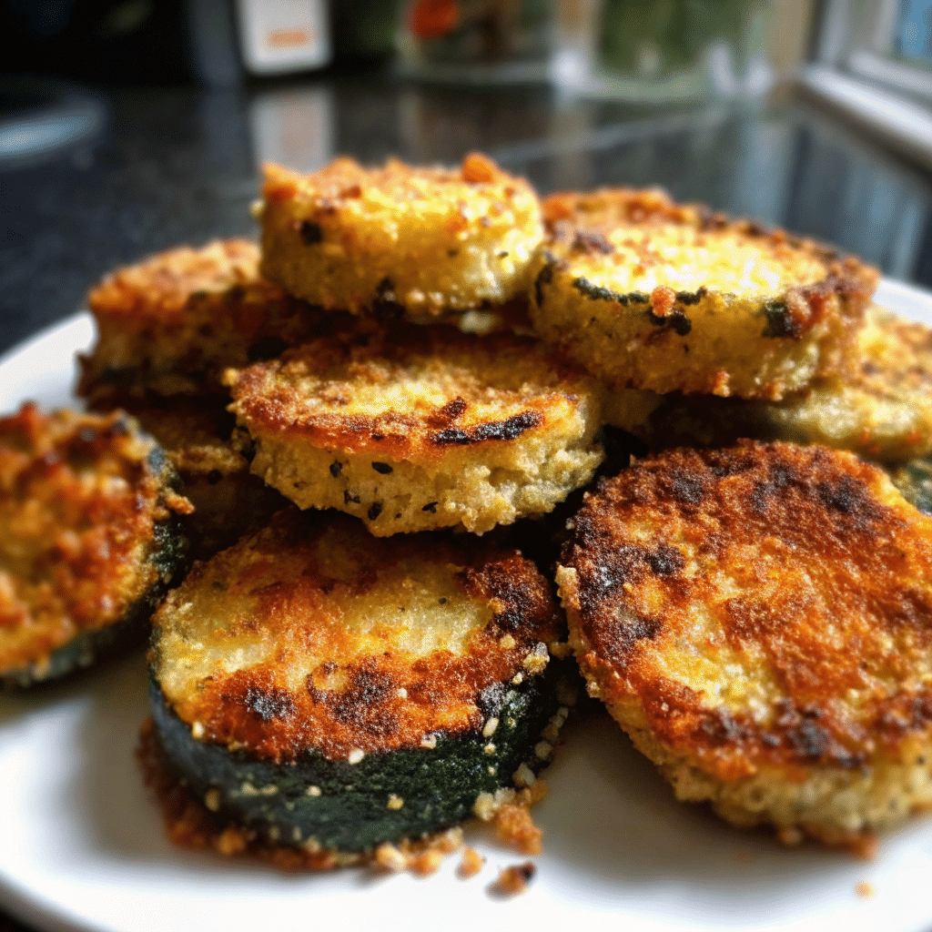 Golden brown crispy parmesan zucchini rounds on white plate with marinara sauce for dipping" Caption: "Perfectly crispy Parmesan zucchini that's golden, crunchy, and absolutely irresistible